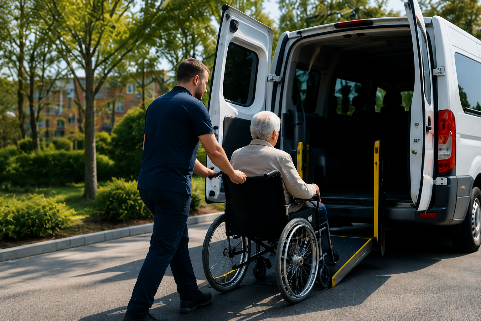 Accompagnement d’une personne en fauteuil roulant vers un véhicule adapté PMR