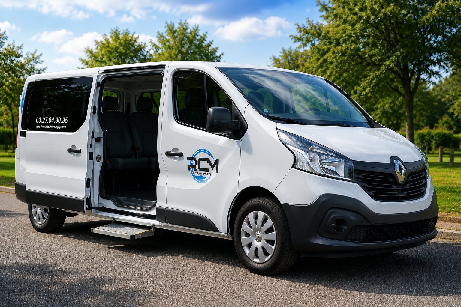 Véhicule PMR RCM Transports à Maubeuge avec porte latérale ouverte