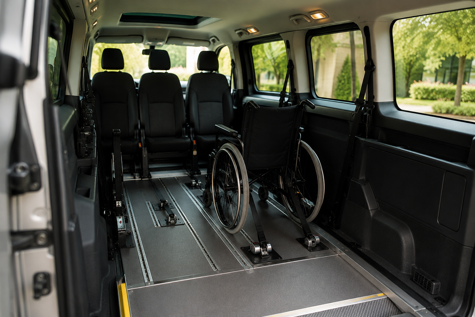 Intérieur d’un véhicule adapté PMR avec fauteuil roulant sécurisé